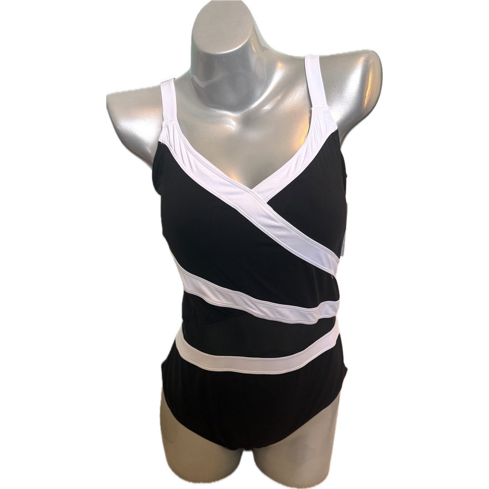 Anne Cole Womens One Piece Swimsuit Plus Size 18w Black White Mesh Panel New